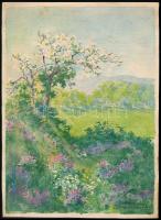 Veress Elemér (1876-1959): Virágzó táj. Akvarell, papír, jelzett, kissé foltos, 29×21,5 cm