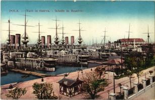 Pola, K.u.K. Kriegsmarine Schiffe in Reserve / Navi in Riserva / Osztrák-Magyar Haditengerészet csatahajói Polában a tartalék kikötőben / Austro-Hungarian Navy battleships in the reserve dock near the Pula shipyard. G. Costalunga Pola 1912