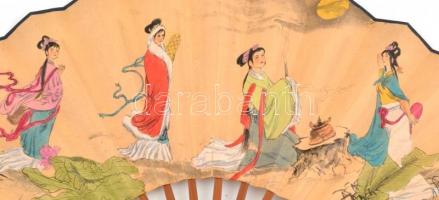 Régi távol-keleti mintás legyező, fa, papír, apró szakadással, 60x33 cm