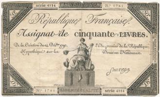 Franciaország 1792. 50L Assignata T:III,III- szakadások France 1792. 50 Livres Assignata C:F,VG tears Krause A72