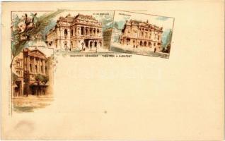 Budapest, Ezredéves Országos Kiállítás, Budapesti színházak, Nemzeti Színház, Népszínház, M. kir. Operaház. litho barna 2 Kr. Ga. s: Cserna (r)