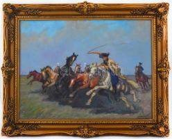 Kolozsváry Kamilló (1936-2008): Csíkós vágtázó lovakkal. Olaj, vászon, kis felületi sérüléssel, jelz...