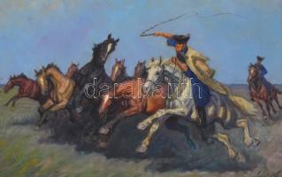 Kolozsváry Kamilló (1936-2008): Csíkós vágtázó lovakkal. Olaj, vászon, kis felületi sérüléssel, jelz...