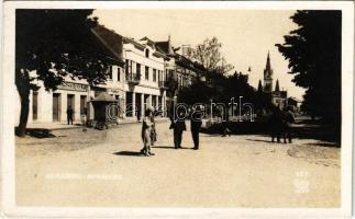 1928 Munkács, Mukacheve, Mukacevo; utcakép, Zipszer Adolf, Glück Adolf üzlete, büfé, kerékpár, templom / street view, shops, buffet, bicycle, church. Lichtig 687. (EK)