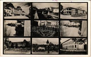 1942 Beregszász, Beregovo, Berehove; utcakép, irredenta virágágy, állami borpince, templom, híd. Fekete Gyula kiadása / street view, Hungarian irredenta propaganda, state wine cellar, winery, church, bridge (EK)