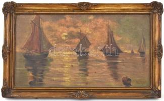 Christmann J 929 jelzéssel: Vitorlások. Olaj, karton,  sérült fa keretben, 22,5×40 cm