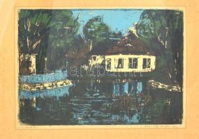 Mazsaroff Miklós (1929-1997): Tapolcai tó: Színes linómetszet, papír, jelzett és datátlt, üvegezett fa keretben, 35x46 cm