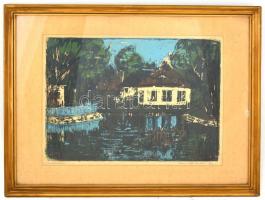 Mazsaroff Miklós (1929-1997): Tapolcai tó: Színes linómetszet, papír, jelzett és datátlt, üvegezett ...