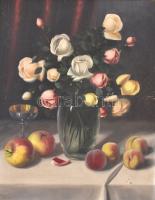 Szentgály Ferencz (?-?): Csendélet rózsákkal, almával és barackkal. Olaj, vászon, jelzett, díszes neobarokk stílusú fa keretben, 50×40 cm