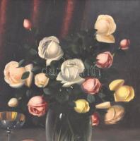 Szentgály Ferencz (?-?): Csendélet rózsákkal, almával és barackkal. Olaj, vászon, jelzett, díszes ne...