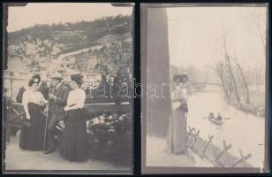 cca 1900 Emberek kiránduló társaságok, tájak, 8 db fotó, 8×10 cm