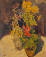 Bölcskey Ferenc (1897-?): Virágcsendélet. Olaj, fa, jelzett, fa keretben, 63×50 cm