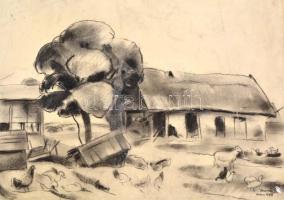 Ducsay Béla(1893-1967): Parasztudvar állatokkal. Szén, papír, papírra kasírozva jelzett, hátoldalán hagyatéki bélyegzővel és egy másik rajzzal (Faun és nimfák), sérült, foltos 24,5x34,5 cm