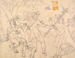 Ducsay Béla(1893-1967): Parasztudvar állatokkal. Szén, papír, papírra kasírozva jelzett, hátoldalán ...