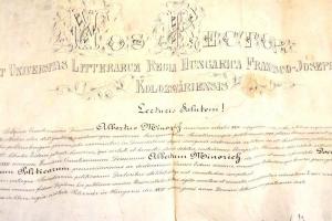 1906 Szamosújvár Minorich Albert utolsó főszolgabírójának politikatudományi oklevele sérült pecsétte...