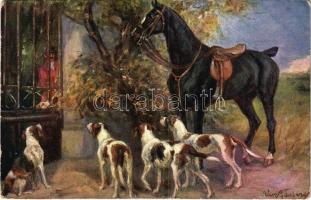 Aufbruch zur Jagd / Hunting art postcard, hunter with dogs and horse. B.K.W.I. Serie 801-1. s: Alice Gassner (fl)