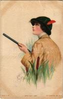 1911 Here they come. Hunting lady art postcard. The Knapp Co. Paul Heckscher Imp. No. 1025-2. s: Frank H. Desch (EK)