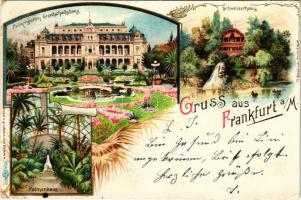 1901 Frankfurt am Main, Palmengarten Gesellschaftshaus, Schweizerhaus, Palmenhaus / palm trees, chalet, lake, rowing boats. Th. Wendisch Art Nouveau, floral, litho (Rb)