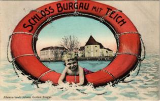 1912 Burgau (Steiermark), Schloss Burgau mit Teich. Johann Gortan / castle. Montage with boy and rubber ring