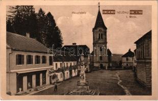 1912 Neudau (Steiermark), Hauptplatz / main square, church, shop, monument. Photogr. aus dem Atelier Sitzwohl. Verlag Ferdinand Gortan
