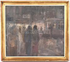 Bagossy Gábor (?-?): Nagyvárosi forgatag (Budapest?). Olaj, karton, jelzett a hátoldalon (Bagossy 93...