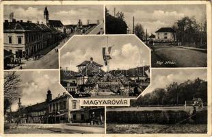 1934 Magyaróvár, Mosonmagyaróvár; Magyar és Gróf Széchenyi utca, Régi sóház, Football (foci) pálya, Hármashalom országzászló, Központi kávéház  (EB)