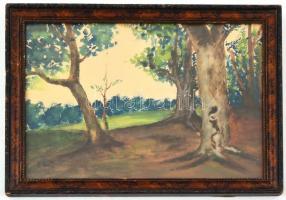 Zeller Mihály (1859-1915 : Fények az erdőben. Akvarell, papír, üvegezett fa keretben, 22,5×29,5 cm