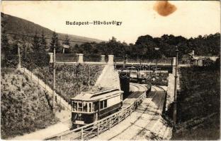 Budapest II. Hűvösvölgy, villamosok a felüljáróval. Vasúti levelezőlapárusítás 4282. (EK)