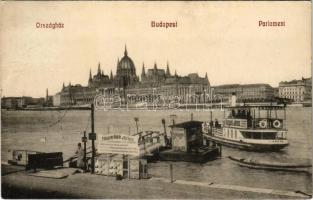 1911 Budapest V. Országház, Császárfürdői jegyek kikötő, gyorsírás és Hunyadi János reklám, Újpest ingahajó