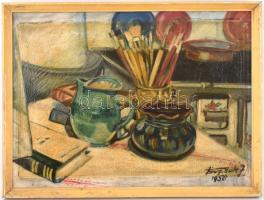 Törzsök (?) J 1956 jelzéssel: Csendélet festőecsetekkel. Olaj, vászon, keretben, 43×58 cm