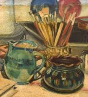 Törzsök (?) J 1956 jelzéssel: Csendélet festőecsetekkel. Olaj, vászon, keretben, 43×58 cm