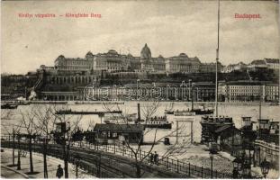 1909 Budapest I. Királyi várpalota, Margithíd Szilágyi tér kikötő, villamossín. Divald Károly 1670-1909.
