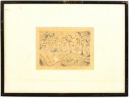 SZ (?) monogrammal: Szerencsejáték groteszk alakokkal. Rézkarc, papír, sérült, foltos. Üvegezett fa ...