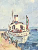 DT jelzéssel: A Jókai hajó a Balatonon. Olaj, karton, fa keretben, 30×24 cm. A Jókai a Balaton harmadik leghosszabb ideje szolgáló gőzhajója. 1913-ban építette az Óbudai Hajógyár Siófokon.