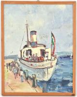 DT jelzéssel: A Jókai hajó a Balatonon. Olaj, karton, fa keretben, 30×24 cm. A Jókai a Balaton harma...