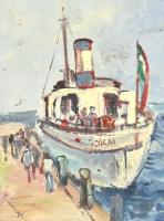 DT jelzéssel: A Jókai hajó a Balatonon. Olaj, karton, fa keretben, 30×24 cm. A Jókai a Balaton harma...