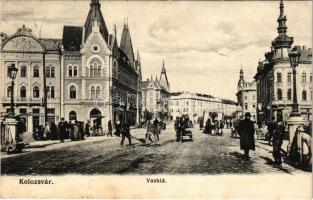 1907 Kolozsvár, Cluj; Vashíd, Gyógyszertár, üzletek, bor, sör és pálinka nagyraktár, Wertheim üzlete, utcaseprők. Schuster Emil kiadása / bridge, pharmacy, shops, street sweepers (fl)