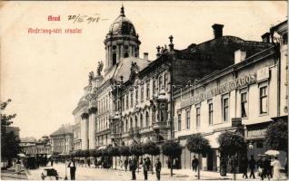 1908 Arad, Andrássy tér, Steigerwald A. Bútorgyáros, Morgenstern Gyula fogászata, Hegedűs Gy. és Geller L. üzlete, lóvasút / square, shops, dentist, horse-drawn tram