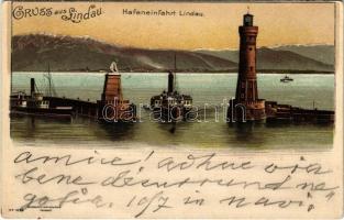 1899 Lindau, Hafeneinfahrt Lindau / port, harbor entrance, steamship. Kunstanstalt Lautz & Isenbeck No. 1629. litho + SCHIFFPOST (EK)