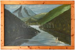 Katona jelzéssel: Hegyvidéki tó vitorlásokkal. Olaj, farost, fa keretben, 58x90 cm