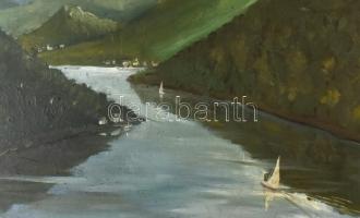 Katona jelzéssel: Hegyvidéki tó vitorlásokkal. Olaj, farost, fa keretben, 58x90 cm