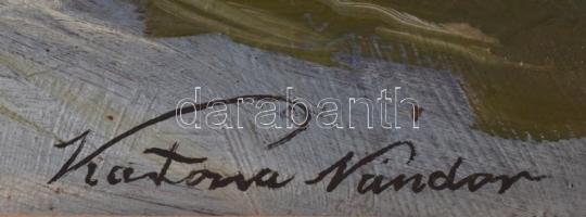 Katona jelzéssel: Hegyvidéki tó vitorlásokkal. Olaj, farost, fa keretben, 58x90 cm