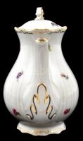 Zsolnay virágmintás porcelán kanna, matricás, jelzett, kis kopásnyomokkal, m: 18,5 cm