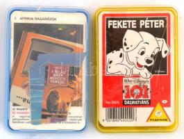 Afrikai ragadozók + 101 kiskutya Fektet Péter, 2 pakli Piatnik kártya, műanyag tokban, Fekete Péter lapjain törésnyomok, Afrikai ragadozók bontatlan fóliával