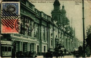 1922 Santiago de Chile, Palacio Arzobispal y Catedral / archbishops palace, cathedral, horse-drawn carriages, tram, automobile. TCV card (EB)