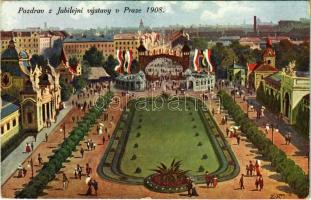 1908 Praha, Prag, Prague; Pozdrav z Jubilejní vystavy v Praze. Nakl. D. Kosiner / Prague Jubilee Exhibition, pavilions, halls