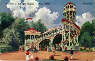 1908 Praha, Prag, Prague; Pozdrav z Jubilejní vystavy v Praze. Toboggan. Nakl. D. Kosiner / Prague Jubilee Exhibition, slide