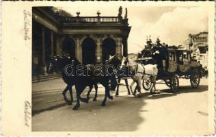 1939 Karlovy Vary, Karlsbad; horse-drawn carriage, chariot, street view. Photo-Kunstanstalt u. Handlung K. Hubl