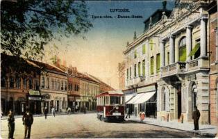 Újvidék, Novi Sad; Duna utca, villamos, Raab Károly üzlete / Donau Gasse / street, tram, shop  (fa)