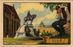 Kolozsvár, Cluj; "Kolozsvár visszavár", Mátyás szobor. Kiadja a Székely Egyetemi és Főiskolai Hallgatók Egyesülete / Hungarian irredenta art postcard, Matthias Corvinus, Mathias Rex statue s: Gebhardt - képeslapfüzetből / from postcard booklet